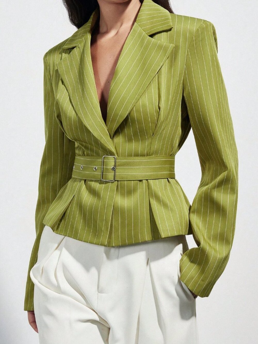 Green Elegant Chic Women's Work Blazer Jacket, Pinstripe, Adjustable Belt - Picture 6 of 7